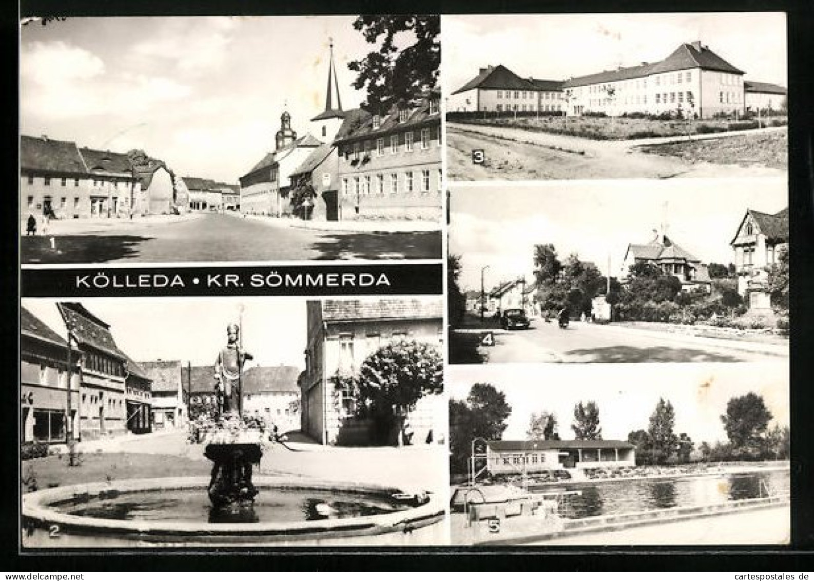 AK Kölleda b. Sömmerda, Rossplatz, Zentralschule, Bahnhofstrasse und Freibad