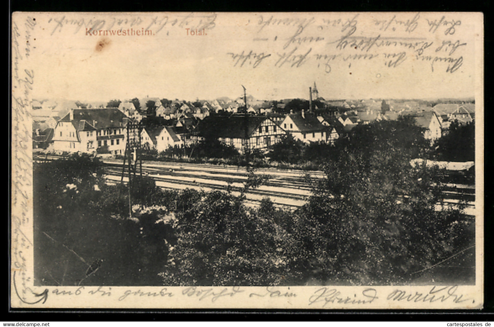 AK Kornwestheim, Totalansicht mit Bahngleis