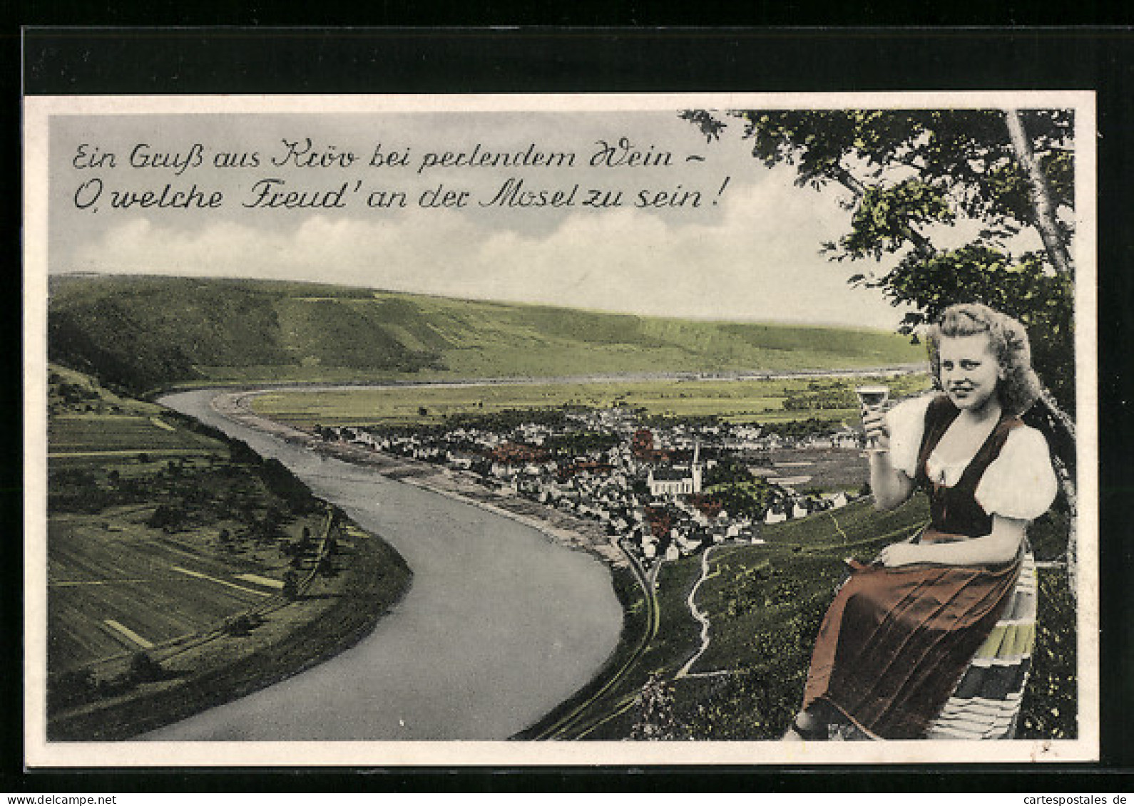 AK Kröv /Mosel, Gesamtansicht und Mädchen mit Weinglas