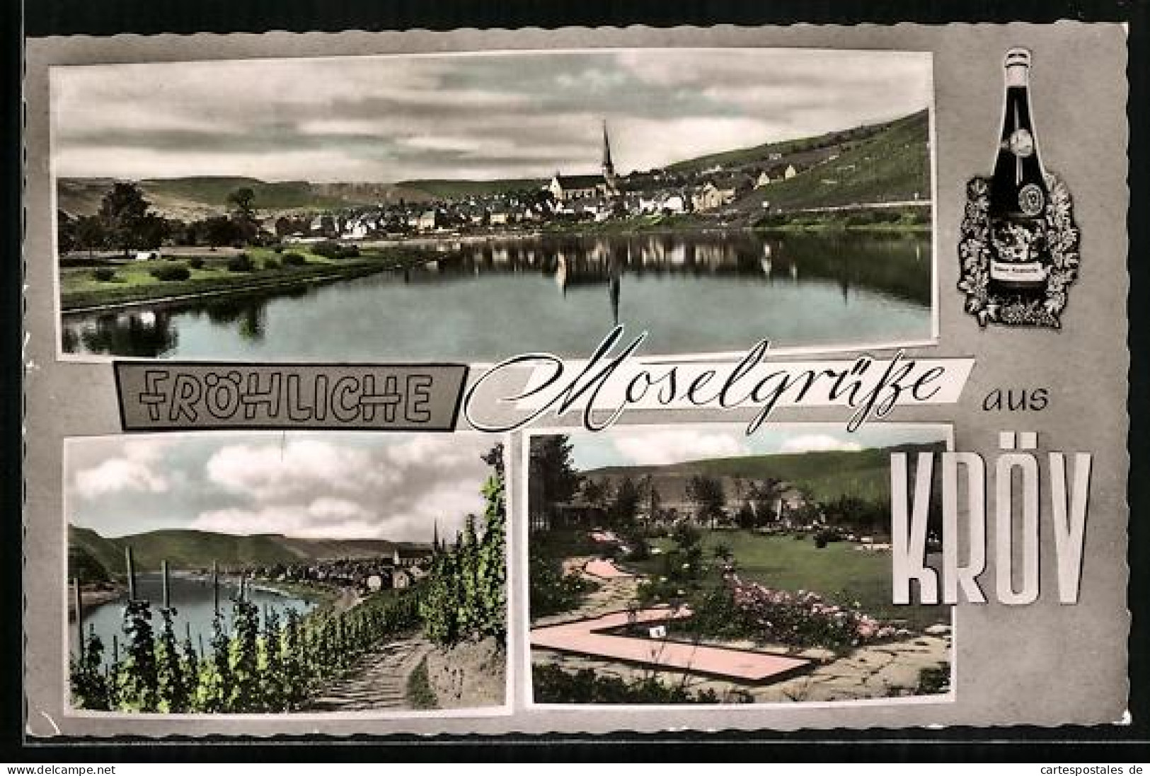 AK Kröv /Mosel, Ortspanorama, Weinstöcke, Gartenanlage