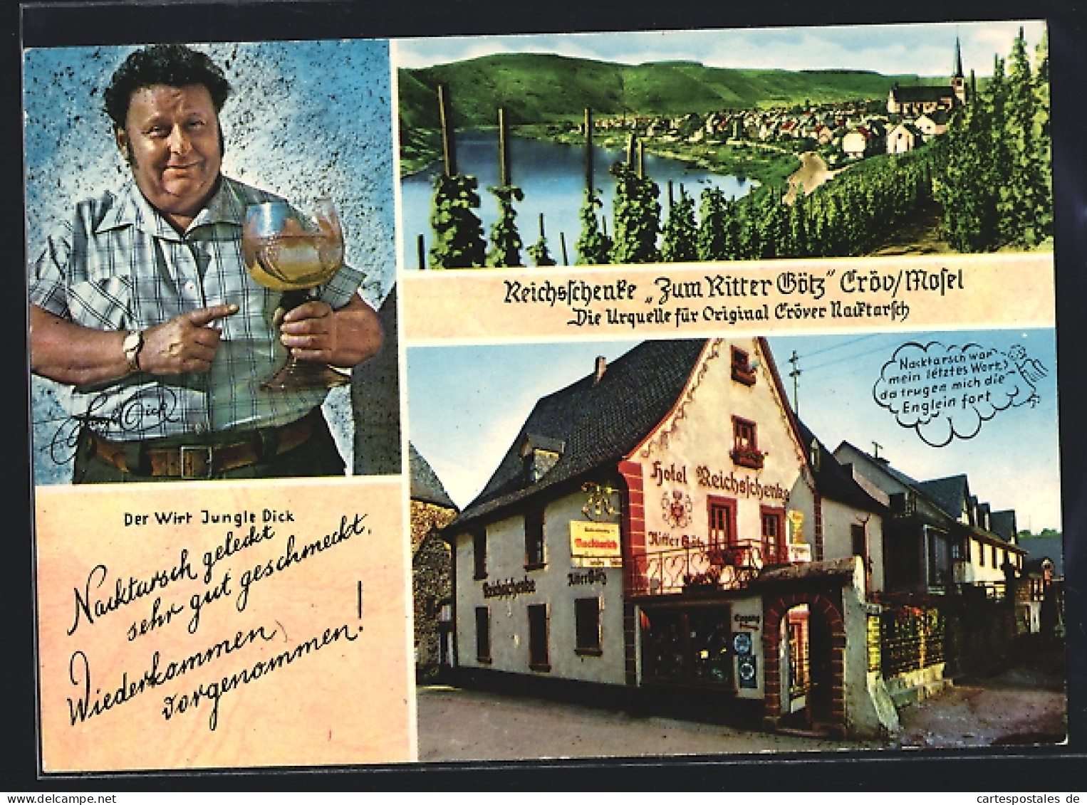 AK Kröv, Reichsschenke Zum Ritter Götz, Der Wirt Jungle Dick, Totalansicht mit Kirche
