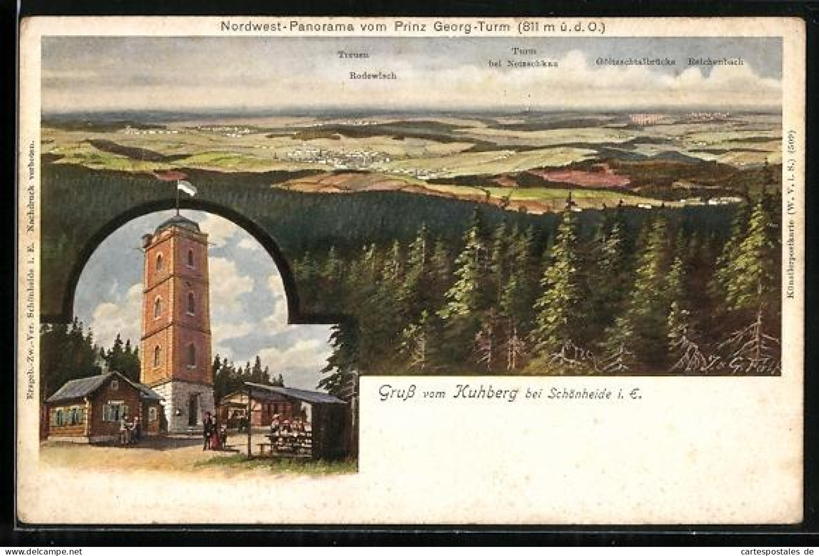 AK Kuhberg bei Schönheide, Nordwest-Panorama vom Prinz Georg Turm