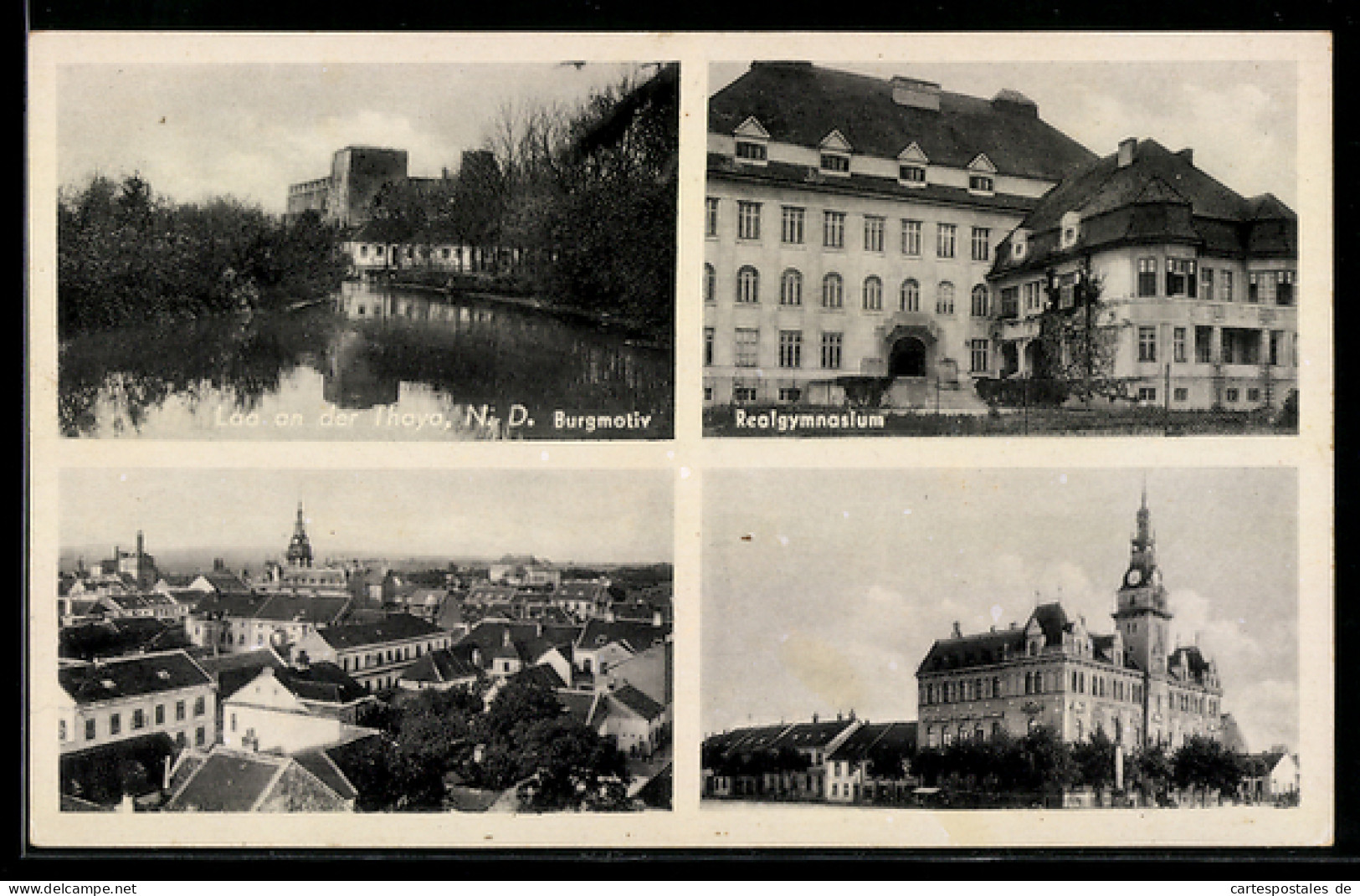 AK Laa an der Thaya, Burgmotiv, Realgymnasium und Stadtpanorama