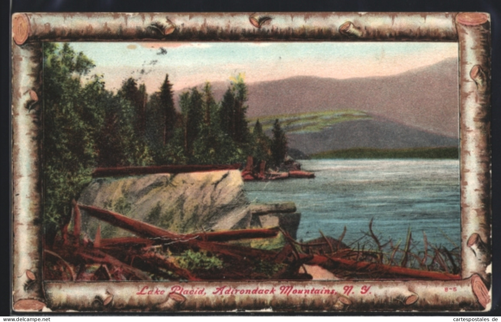 AK Lake Placid, NY, Shore with Adirondack Mountains
