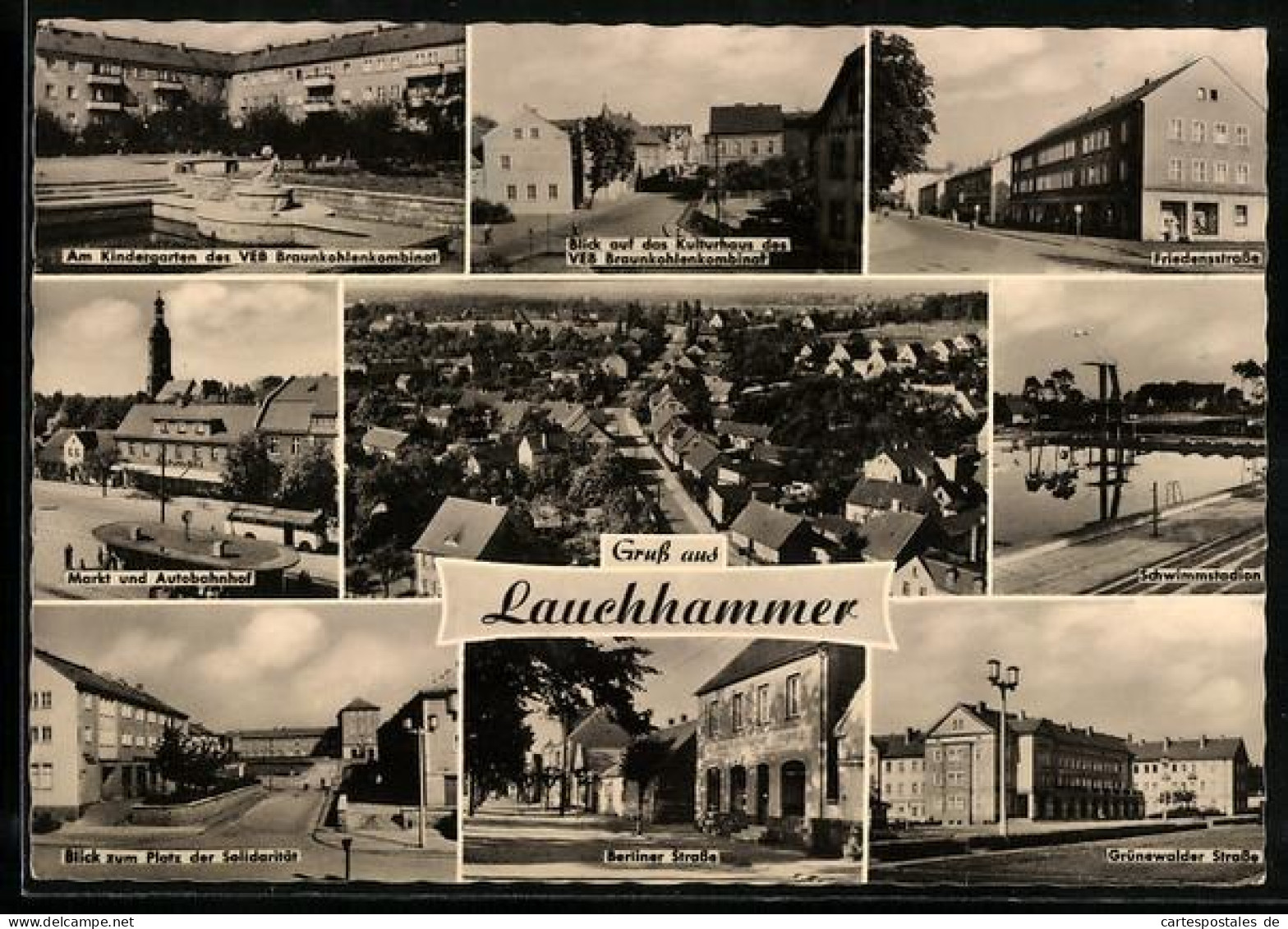 AK Lauchhammer, Markt u. Autobahnhof, Schwimmstadion, Kindergarten VEB Braunkohlenkombinat