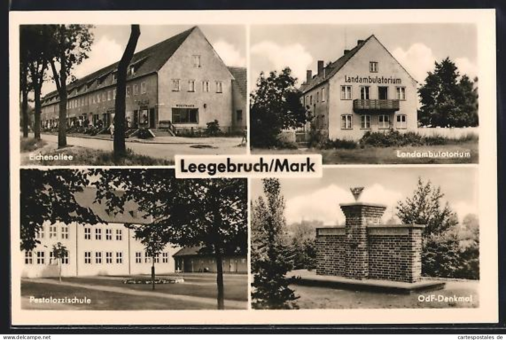 AK Leegebruch, Eichenallee, Pestalozzischule, OdF-Denkmal, Landambulatorium