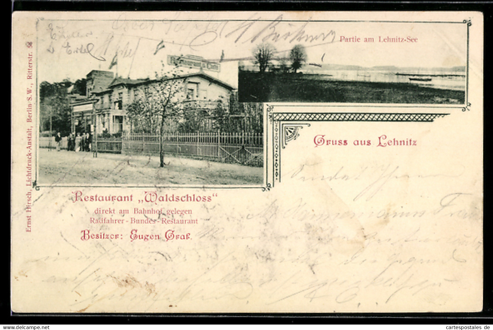 AK Lehnitz, Blick auf den Lehnitz-See und Restaurant Waldschloss, Bes. Eugen Graf