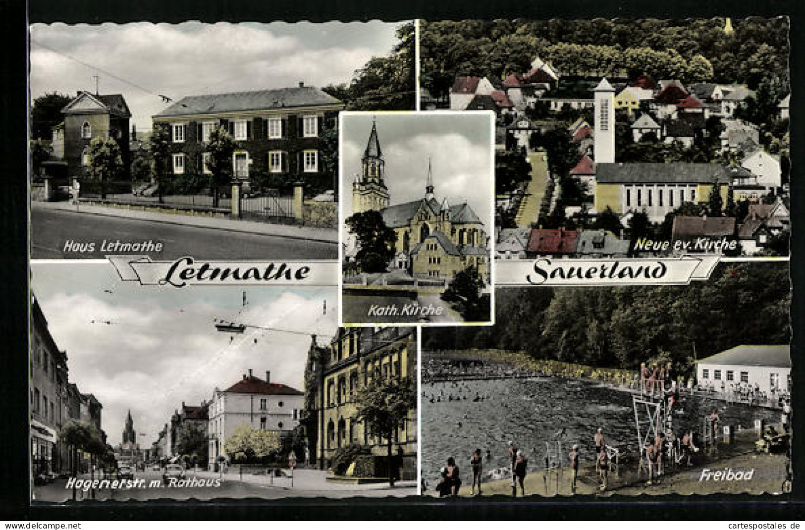 AK Letmathe im Sauerland, Haus Letmathe, Neue ev. Kirche, Hagenerstrasse mit Rathaus, Freibad