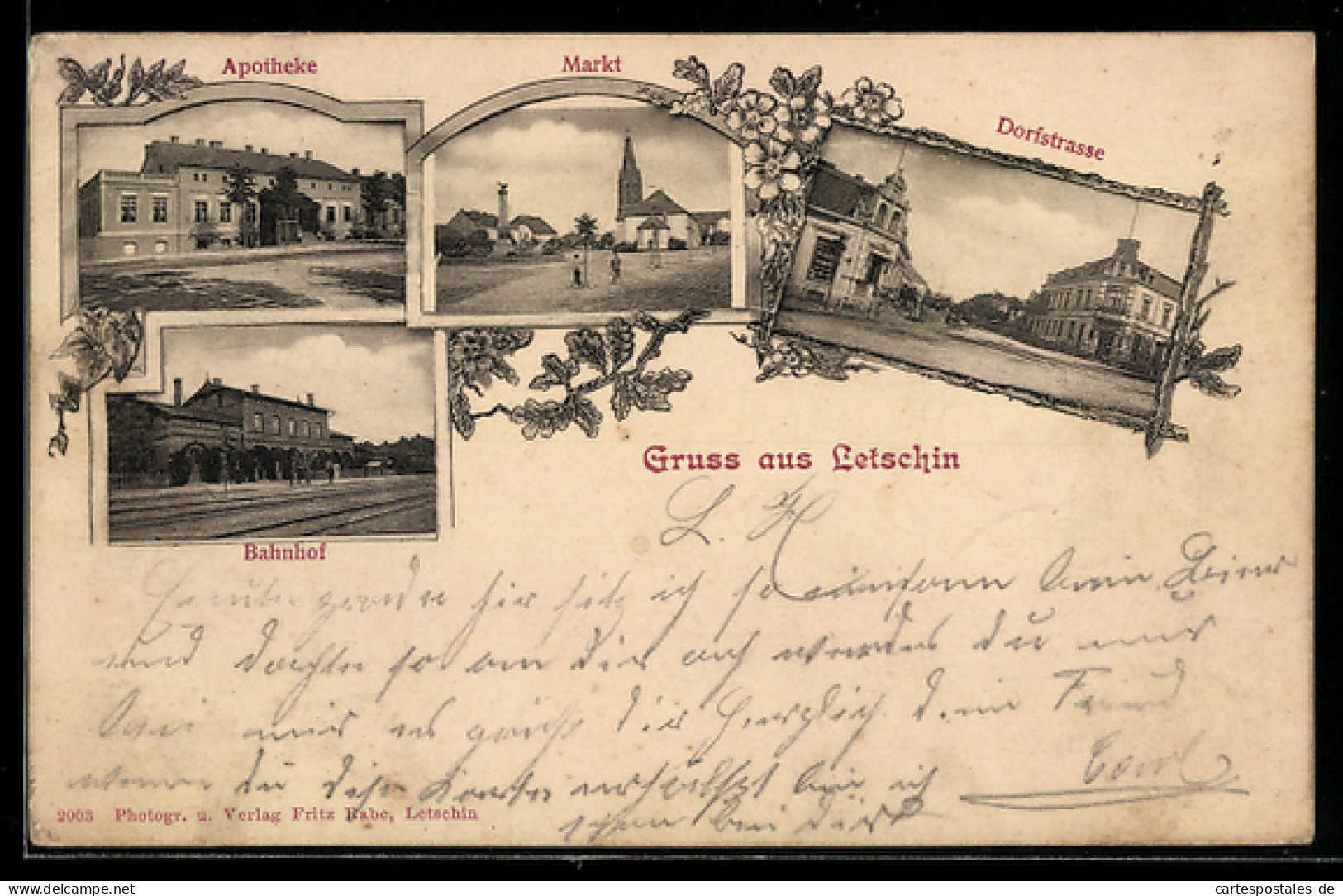 AK Letschin, Bahnhof, Apotheke, Markt und Strassenpartie