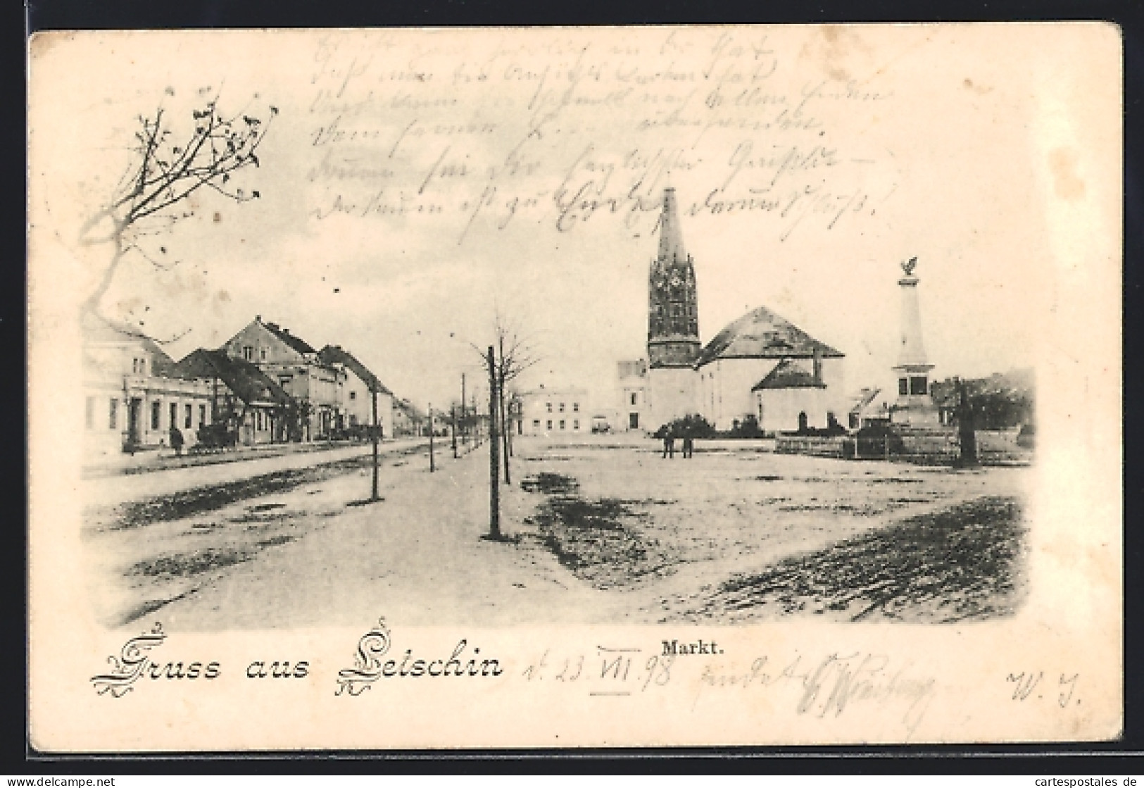 AK Letschin, Markt mit Kirche und Denkmal