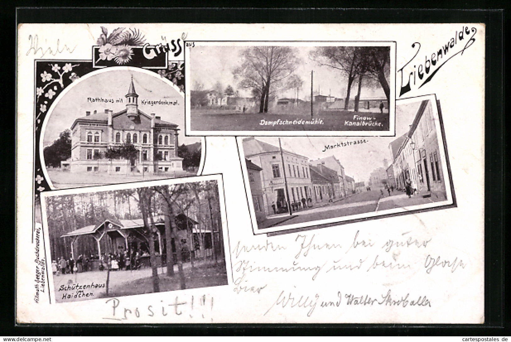 AK Liebenwalde, Gasthaus Schützenhaus Haidchen, Dampfschneidemühle und Finow-Kanalbrücke, Rathaus mit Kriegerdenkmal