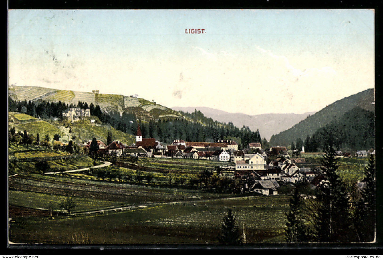 AK Ligist, Panorama mit Kirche und Häusern
