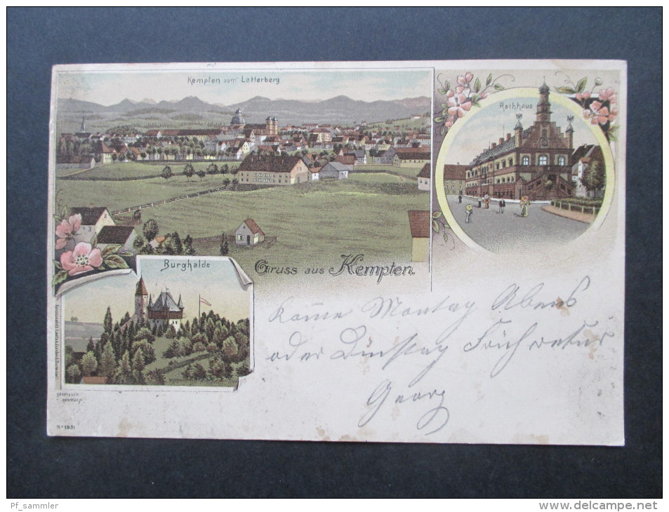 AK / Litho / Mehrbildkarte 1898 Gruss aus Kempten. Kempten vom Lotterberg. Burghalde. Rathhaus. Altdeutschland Bayern