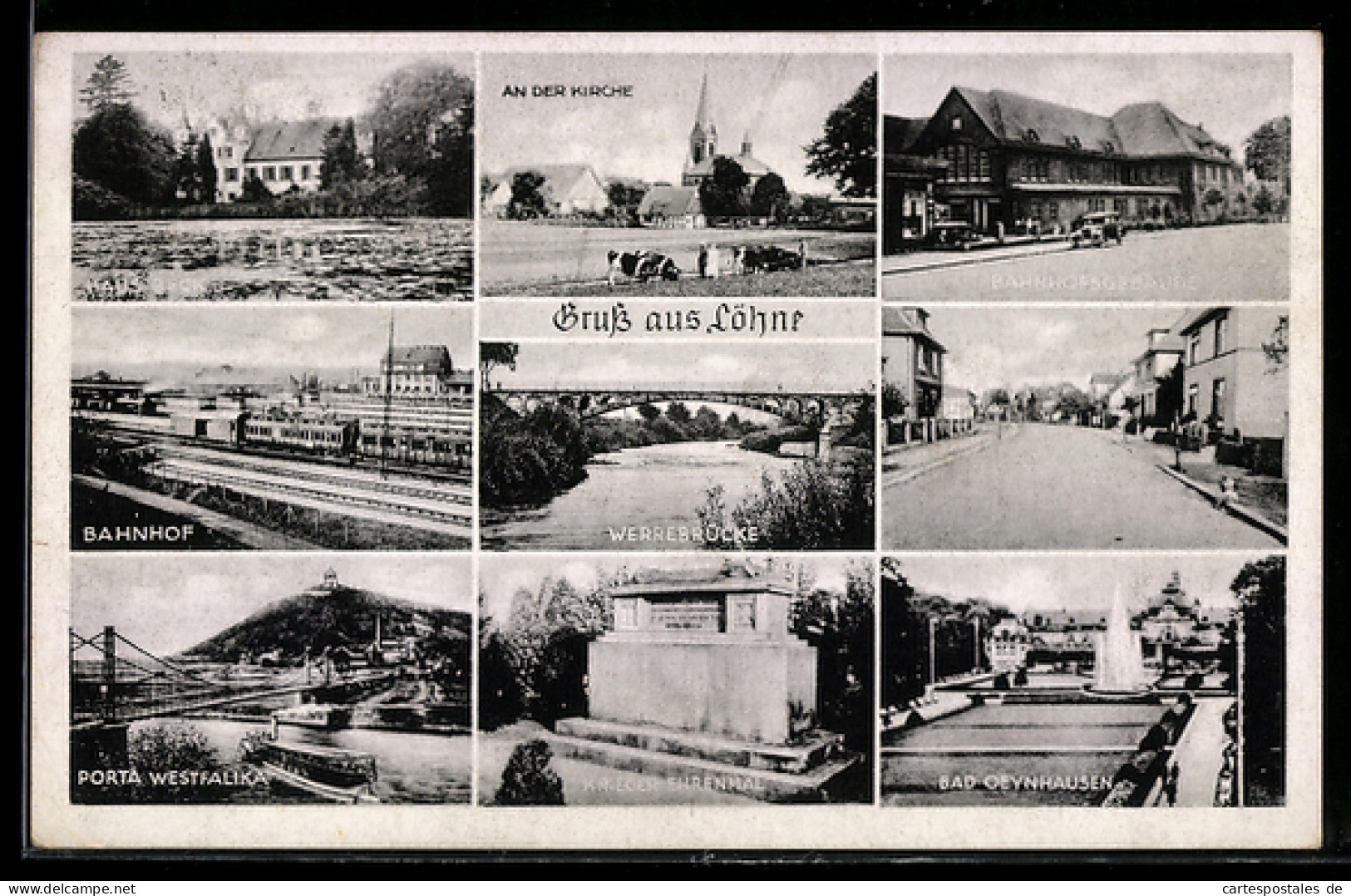 AK Löhne, Bahnhof, Bahnhofsgebäude, Werrebrücke, An der Kirche, Kriegerdenkmal