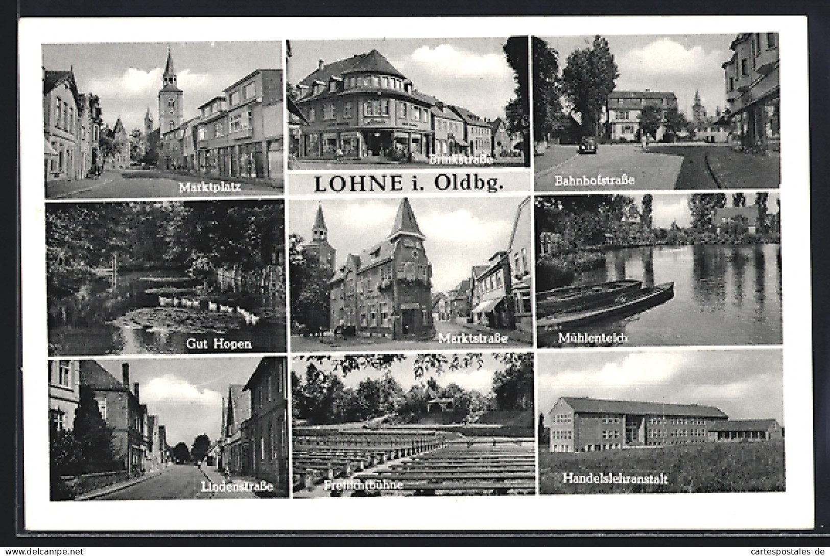 AK Lohne i. Oldbg., Brinkstrasse, Bahnhofstrasse, Handelslehranstalt