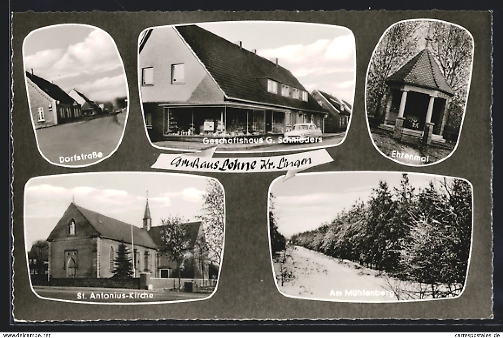 AK Lohne /Kr. Lingen, Dorfstr., Am Mühlenberg, Geschäft G. Schnieders