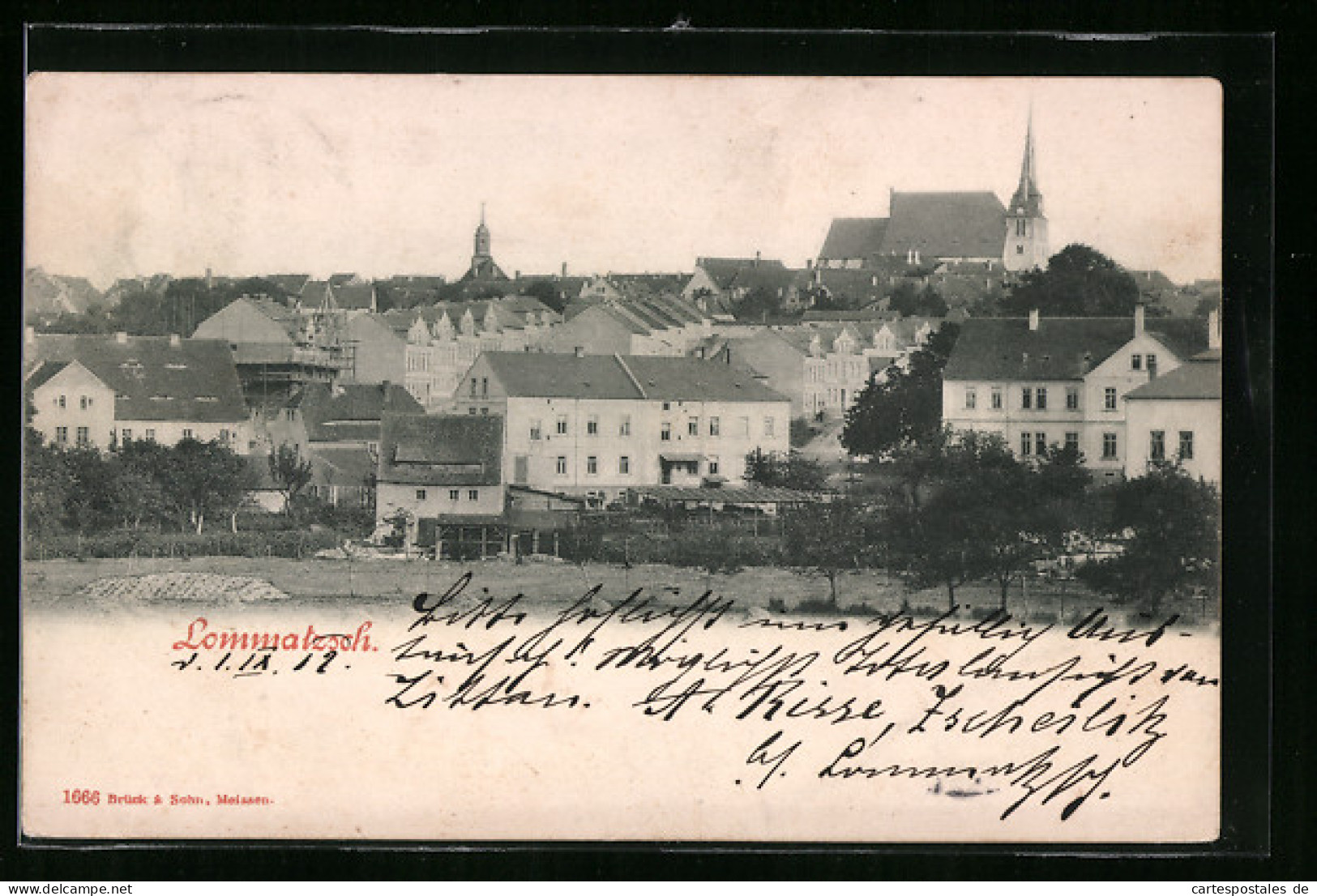 AK Lommatzsch, Teilansicht mit Kirche