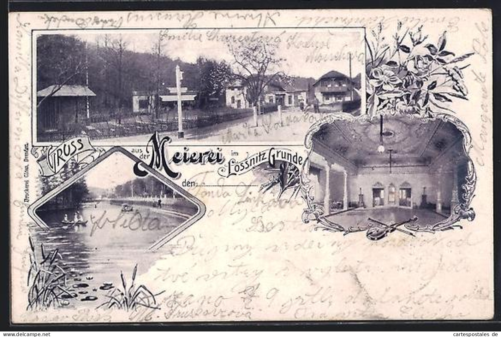 AK Lössnitz-Grund, Meierei, Gebäude, Teich, Saal