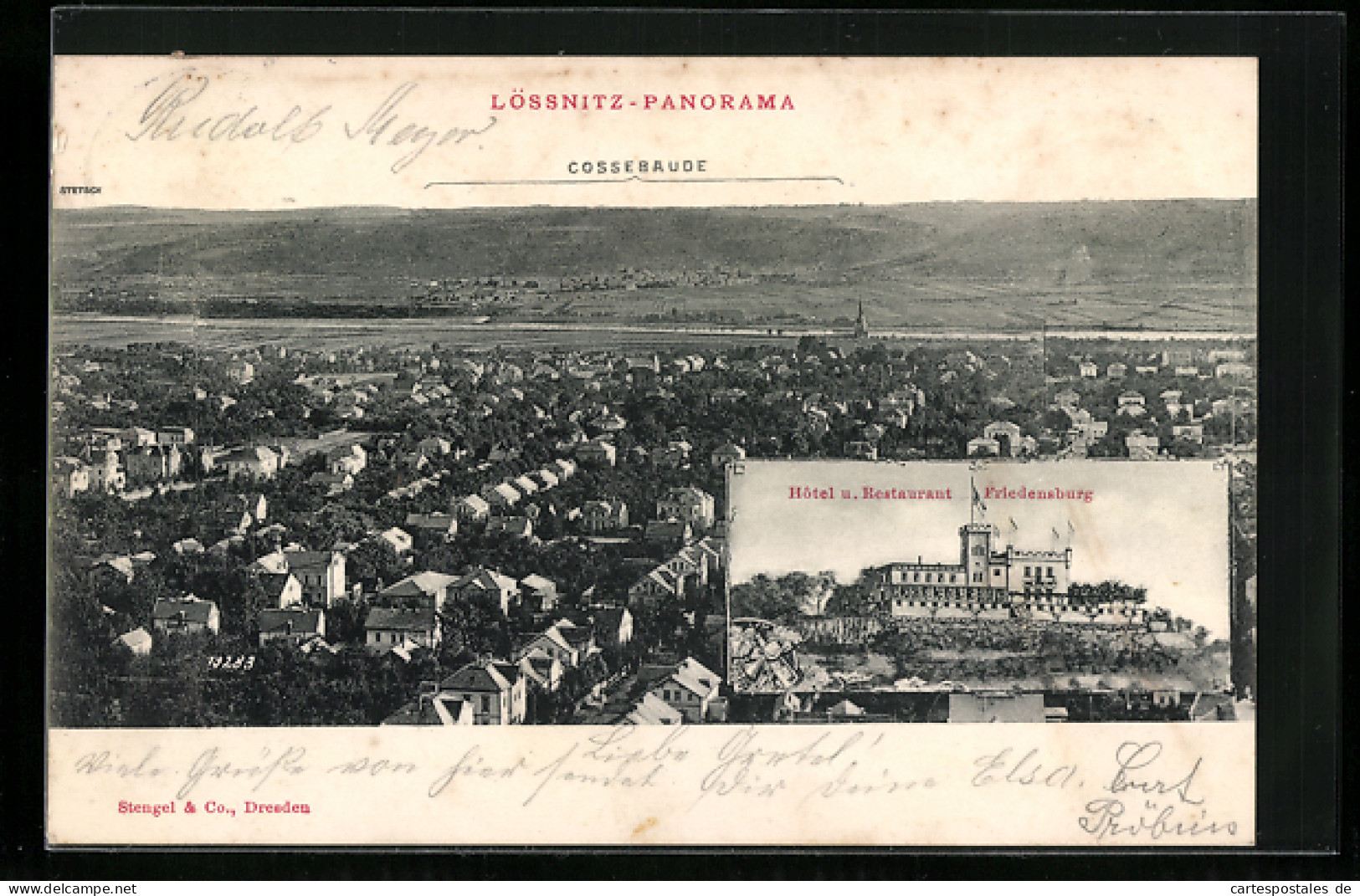 AK Lössnitz, Hotel und Restaurant Friedensburg, Panorama mit Cossebaude