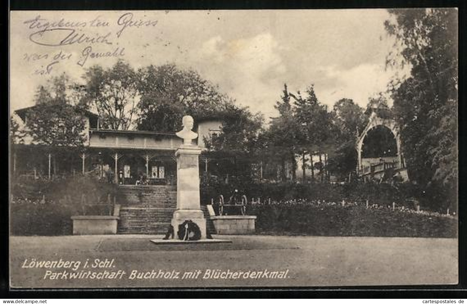 AK Löwenberg i. Schl., Restaurant Buchholz mit Blücherdenkmal