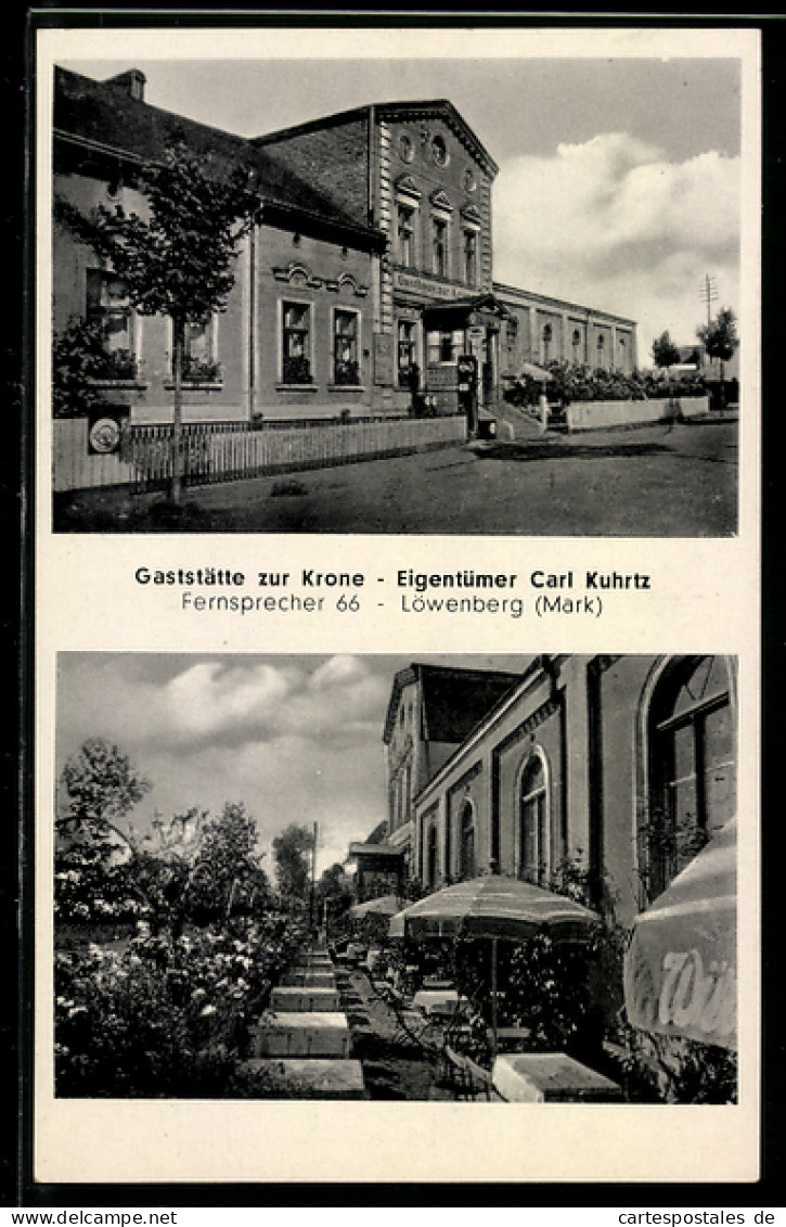 AK Löwenberg /Mark, Gaststätte zur Krone, Eigentümer Carl Kuhrtz, Blick auf die Terrasse