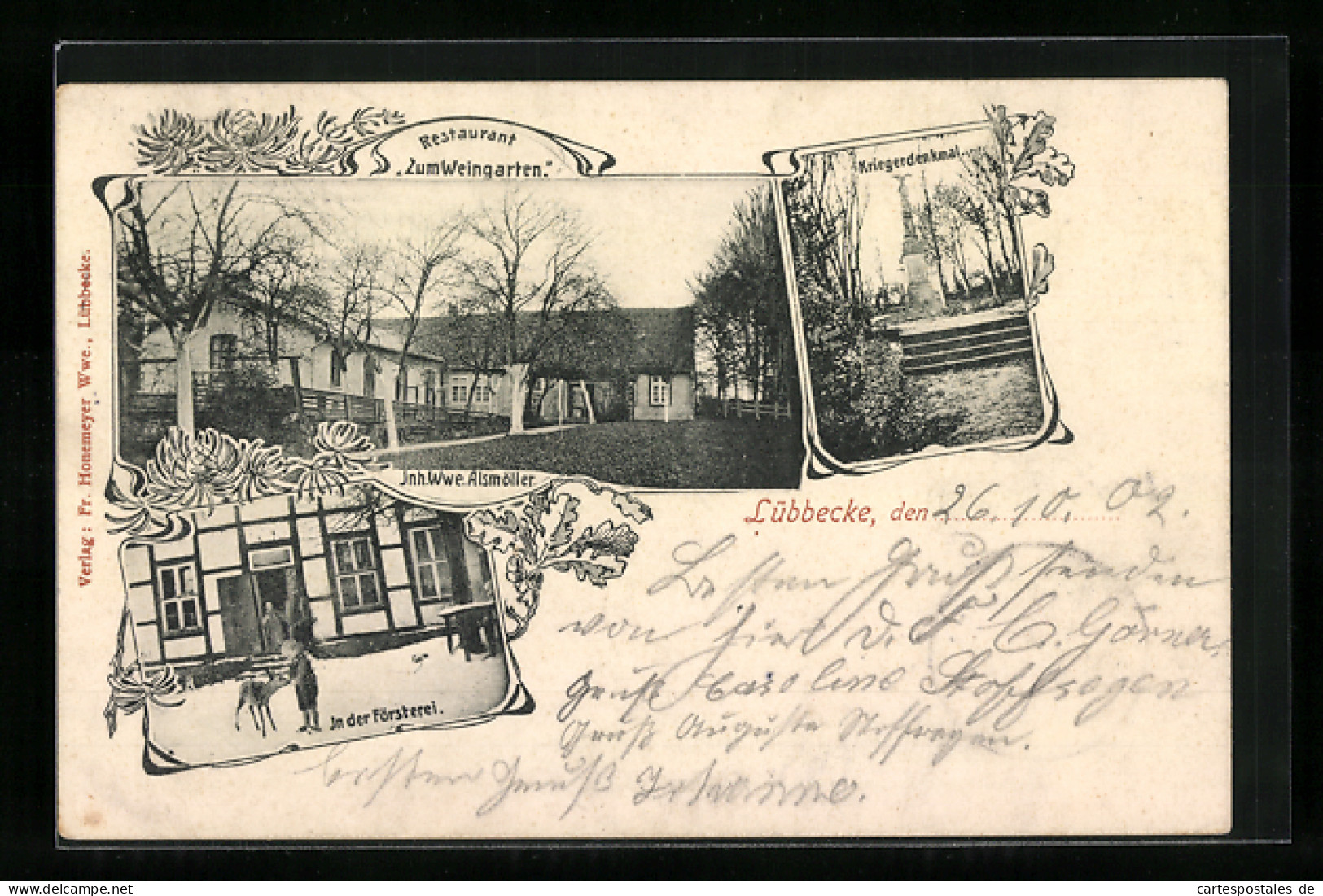 AK Lübbecke i. W., Restaurant zum Weingarten, Försterei, Kriegerdenkmal