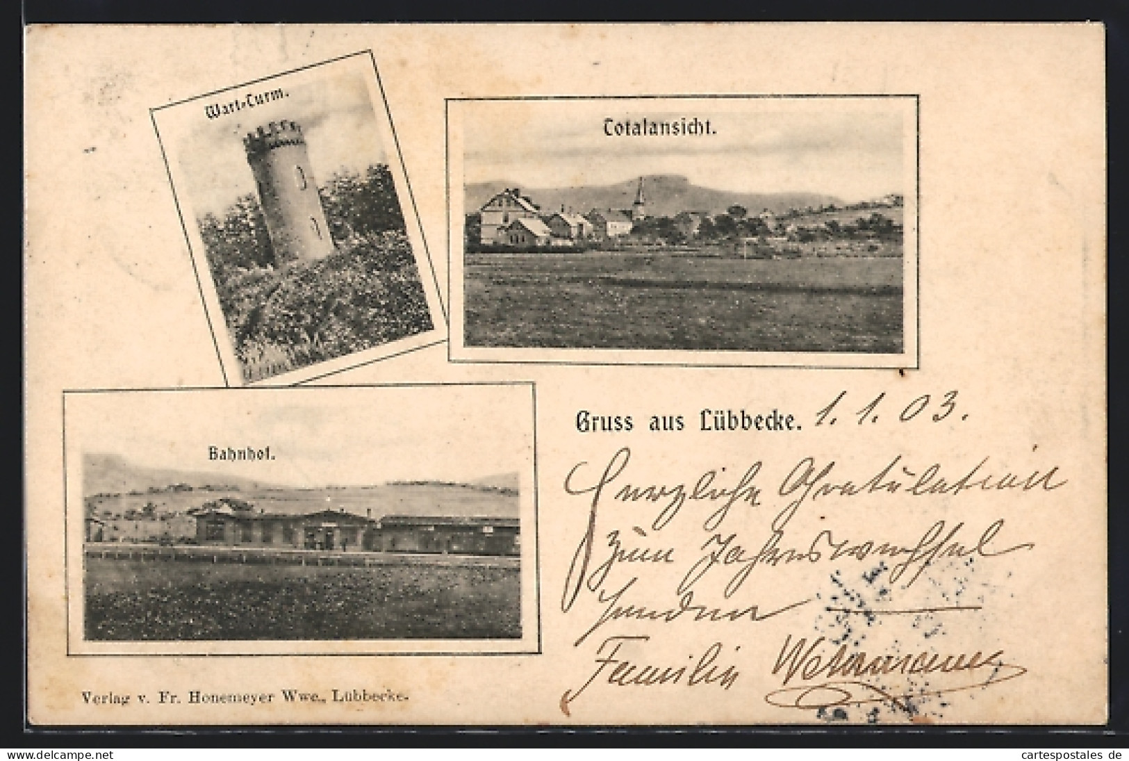 AK Lübbecke, Totalansicht, Bahnhof, Wartturm