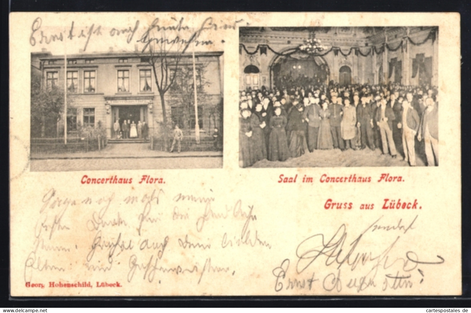 AK Lübeck, Gasthaus Flora, Frontalansicht, Saal mit Gästen