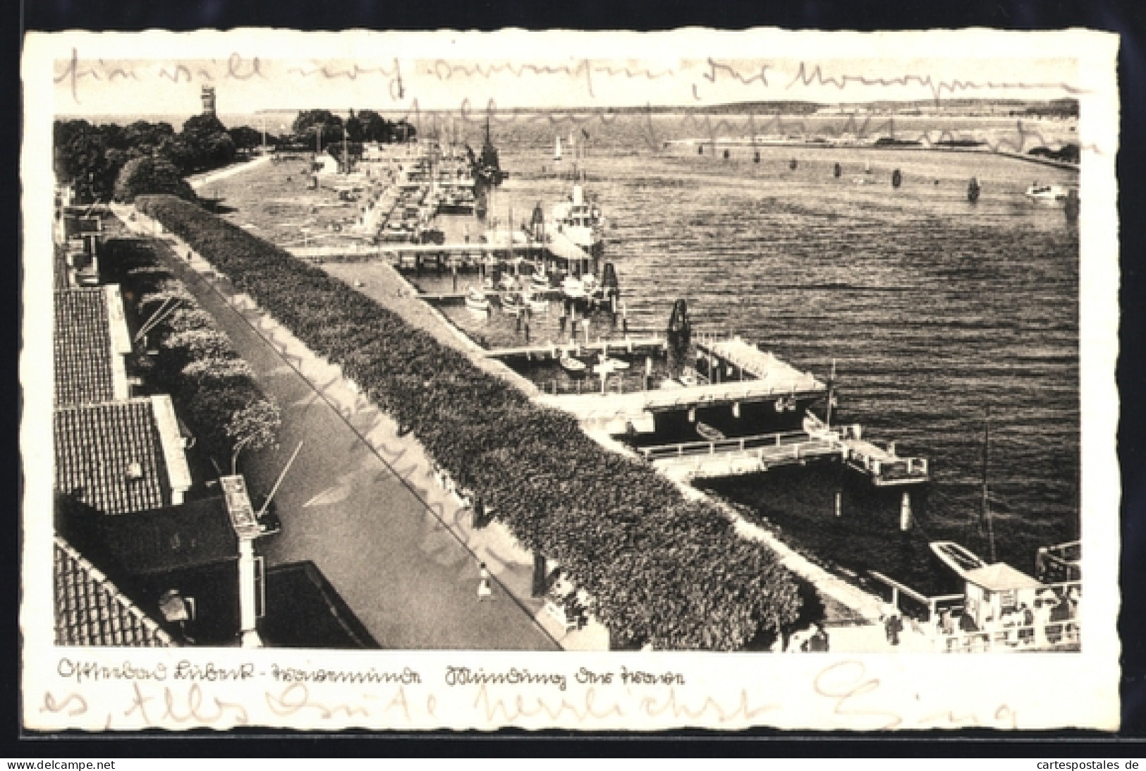 AK Lübeck-Travemünde, Mündung der Trave, Promenade und Hafenpartie