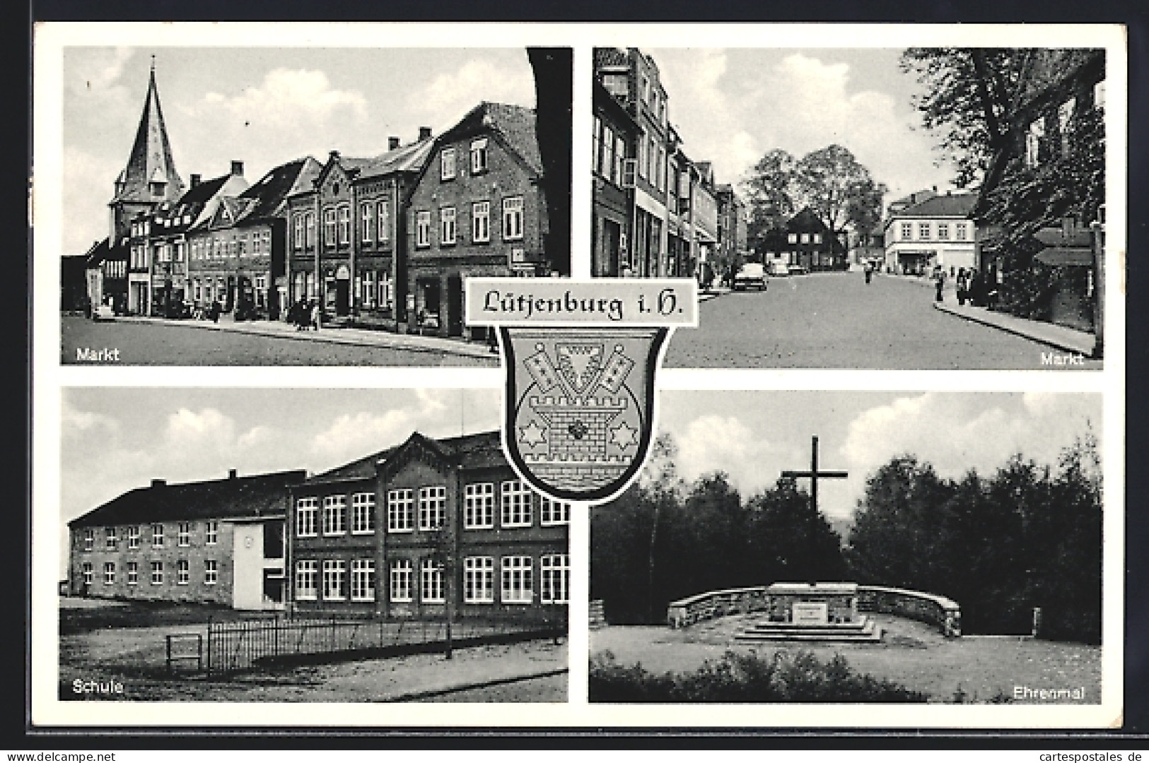 AK Lütjenburg i. H., Markt, Schule, Ehrenmal, Wappen