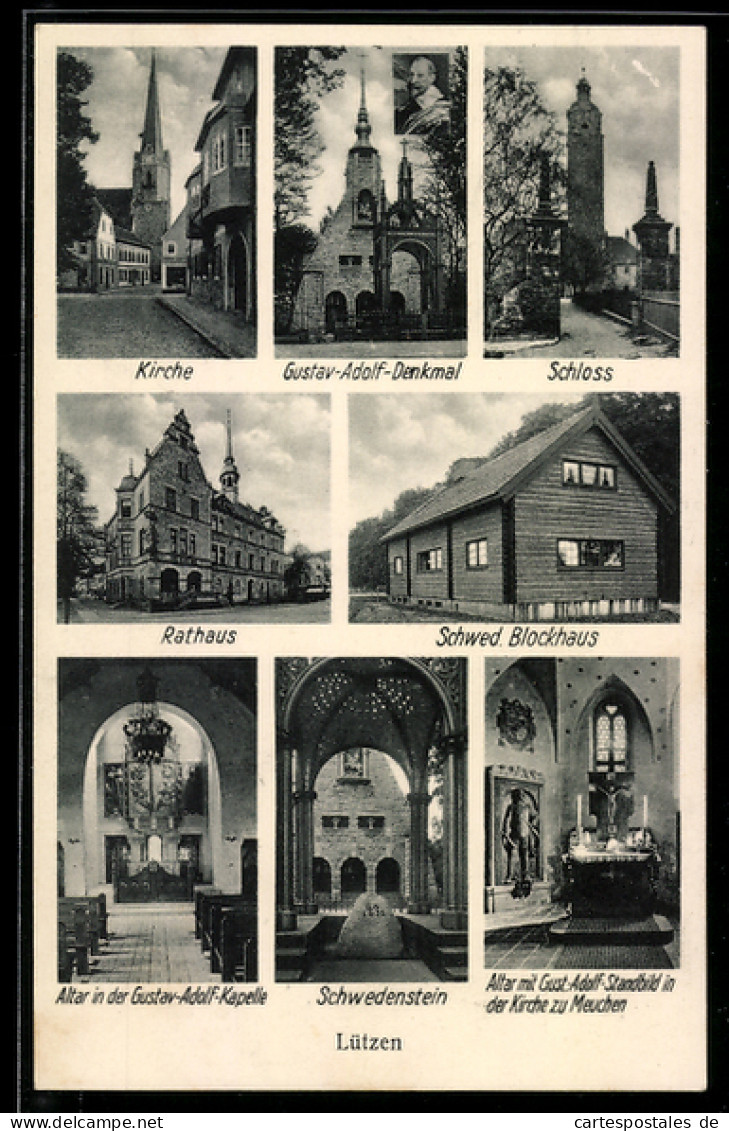 AK Lützen, Gustav-Adolf-Denkmal, Rathaus, Schwedenstein