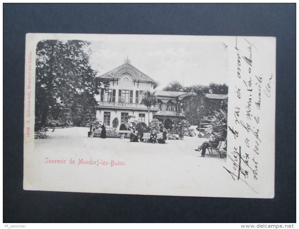 AK Luxemburg 1901 Sovenir de Mondorf - les - Bains. Kurort. Verlag N. Schumacher. Nach Belgien.