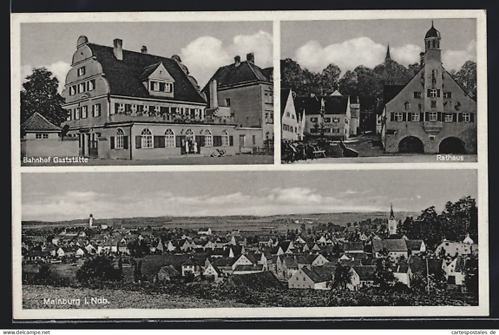 AK Mainburg i. Ndb., Bahnhof-Gaststätte, Rathaus, Ortsansicht