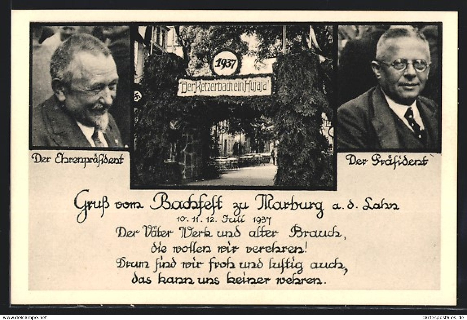 AK Marburg, Grusskarte vom Bachfest 1937, Portraits der Präsidenten
