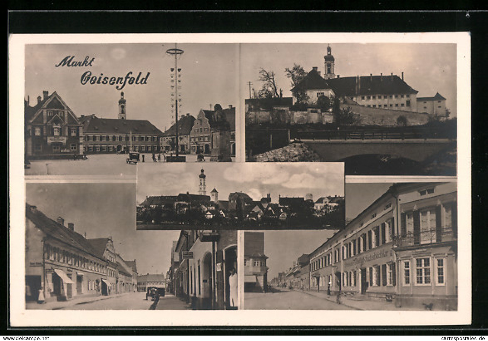 AK Markt Geisenfeld, Ortsansicht, Ortspartie mit Maibaum, Strassenpartien