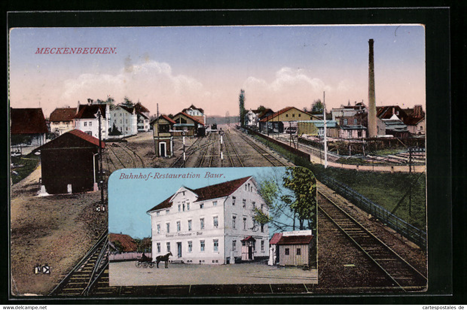 AK Meckenbeuren, Bahnhof-Restaurant Baur, Ortspartie mit Bahngleis