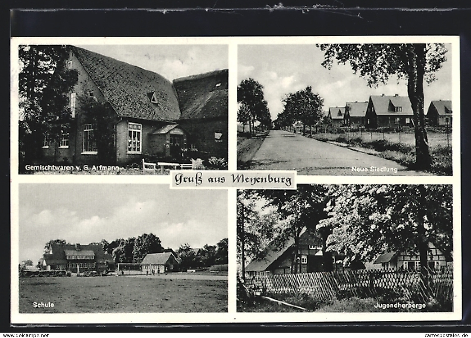 AK Meyenburg / Bremen, Gemischtwaren G. Arfmann, Neue Siedlung, Jugendherberge