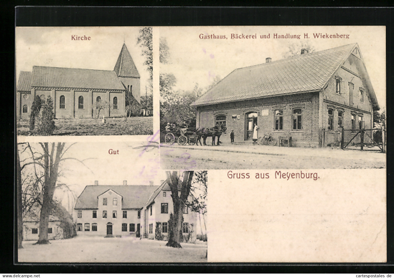 AK Meyenburg, Kirche, Gasthaus Bäckerei und Handlung H. Wiekenberg, Gut