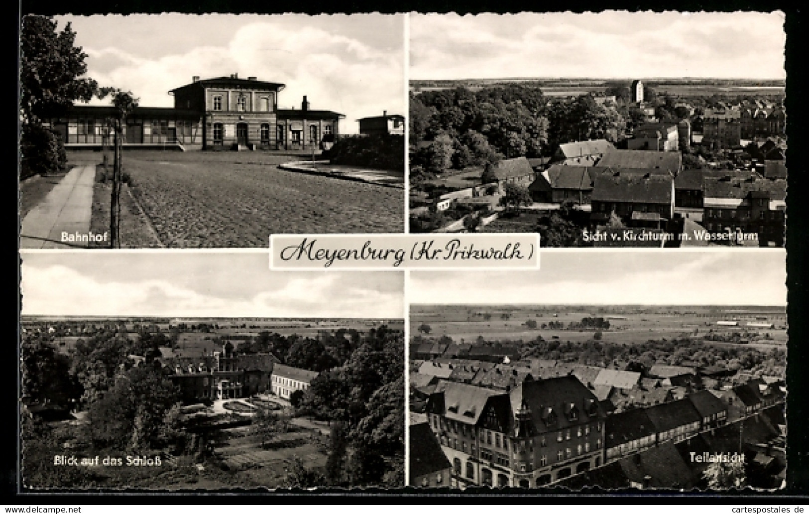 AK Meyenburg /Pritzwalk, Bahnhof, Blick auf das Schloss, Sicht vom Kirchturm mit Wasserturm