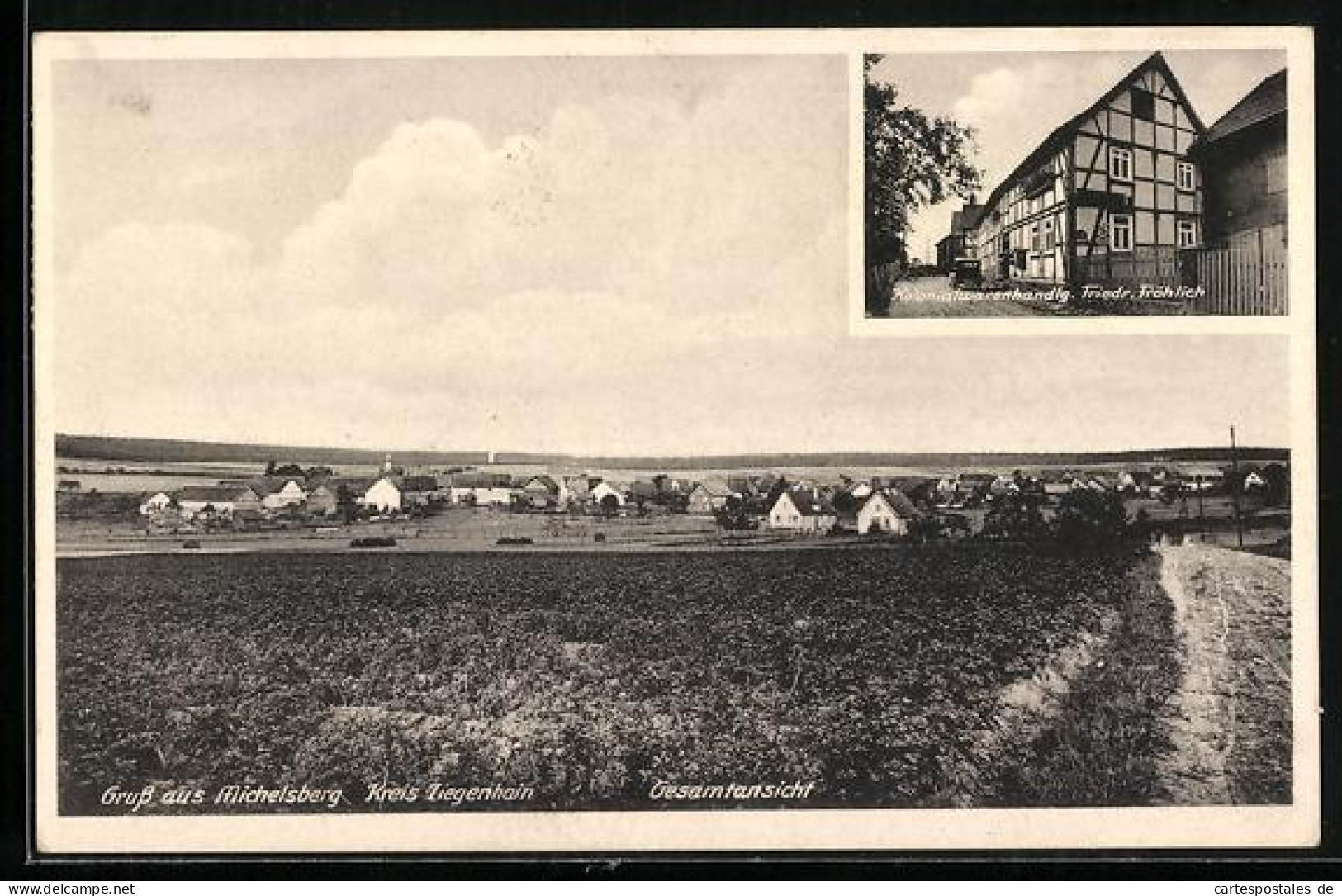 AK Michelsberg / Schwalmstadt, Kolonialwarenhandlung Friedr. Fröhlich, Blick zum Ort