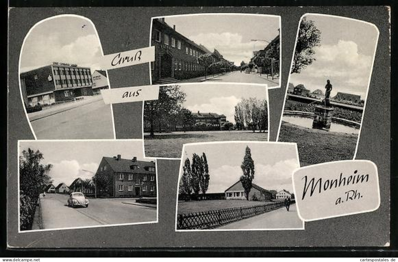 AK Monheim a. Rh., Figur im Park, Strassenpartie mit VW Käfer