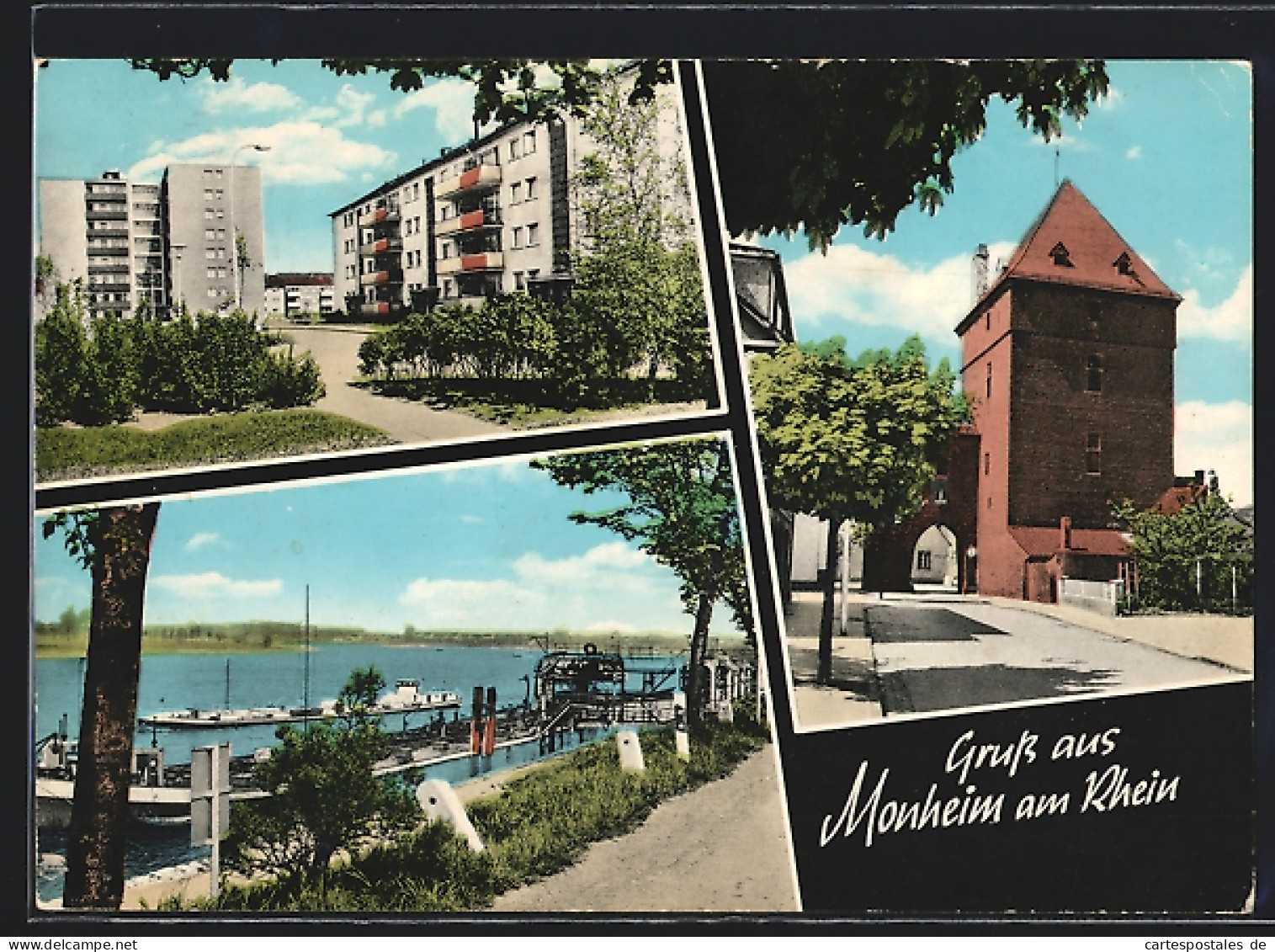 AK Monheim am Rhein, Fluss mit Dampfern und Hochhausbauten