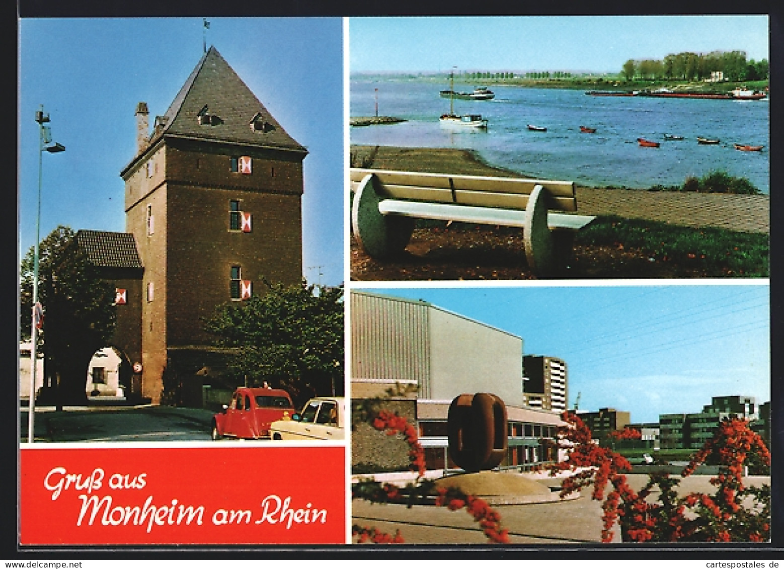 AK Monheim am Rhein, Strassenpartie am Tor, Uferpartie, Ortspartie