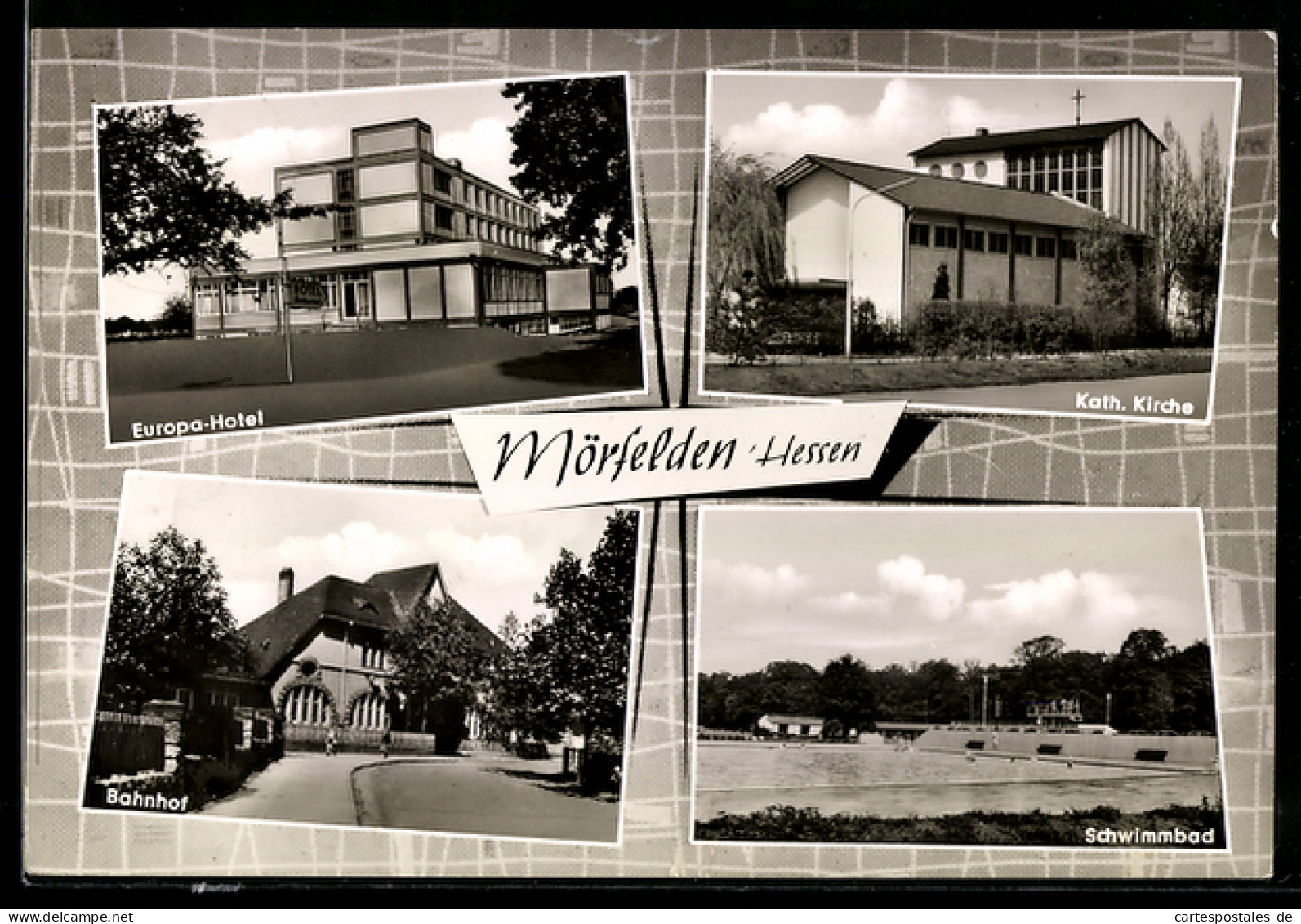 AK Mörfelden-Walldorf, Europa-Hotel, Katholische Kirche, Schwimmbad, Bahnhof