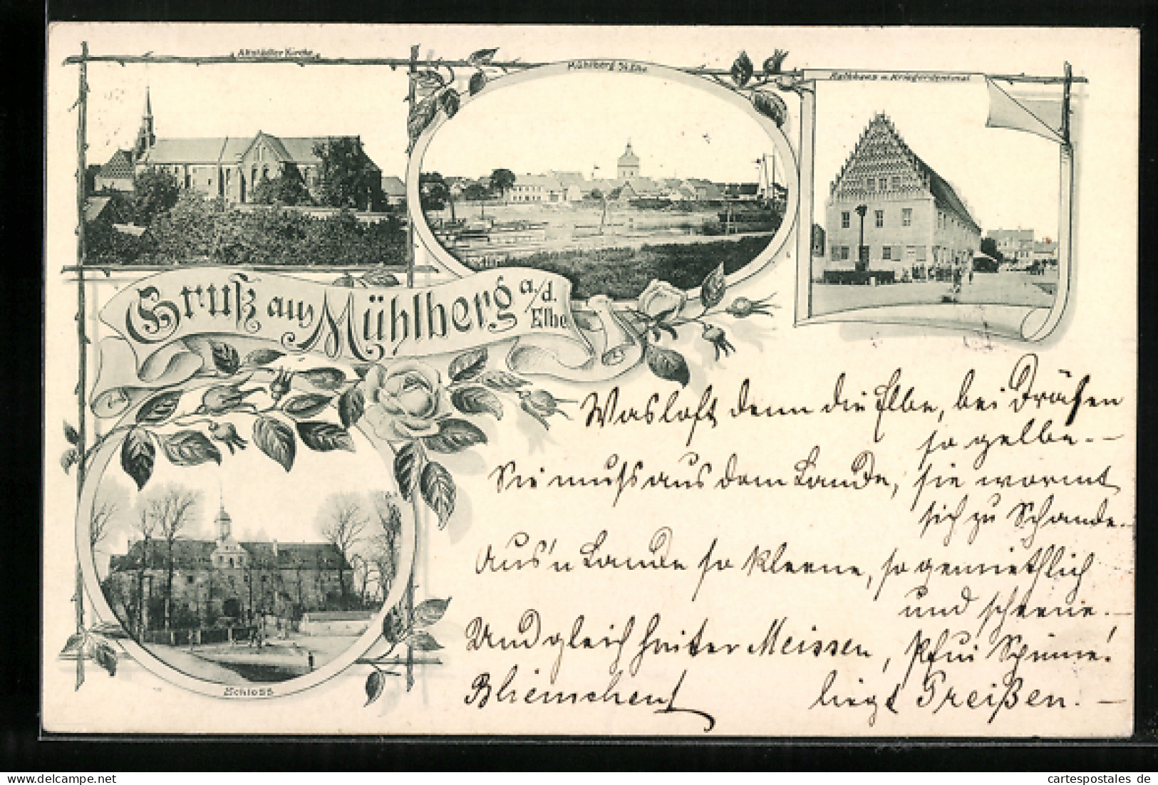 AK Mühlberg a. d. Elbe, Rathhaus und Kriegerdenkmal, Schloss, Altstädter Kirche