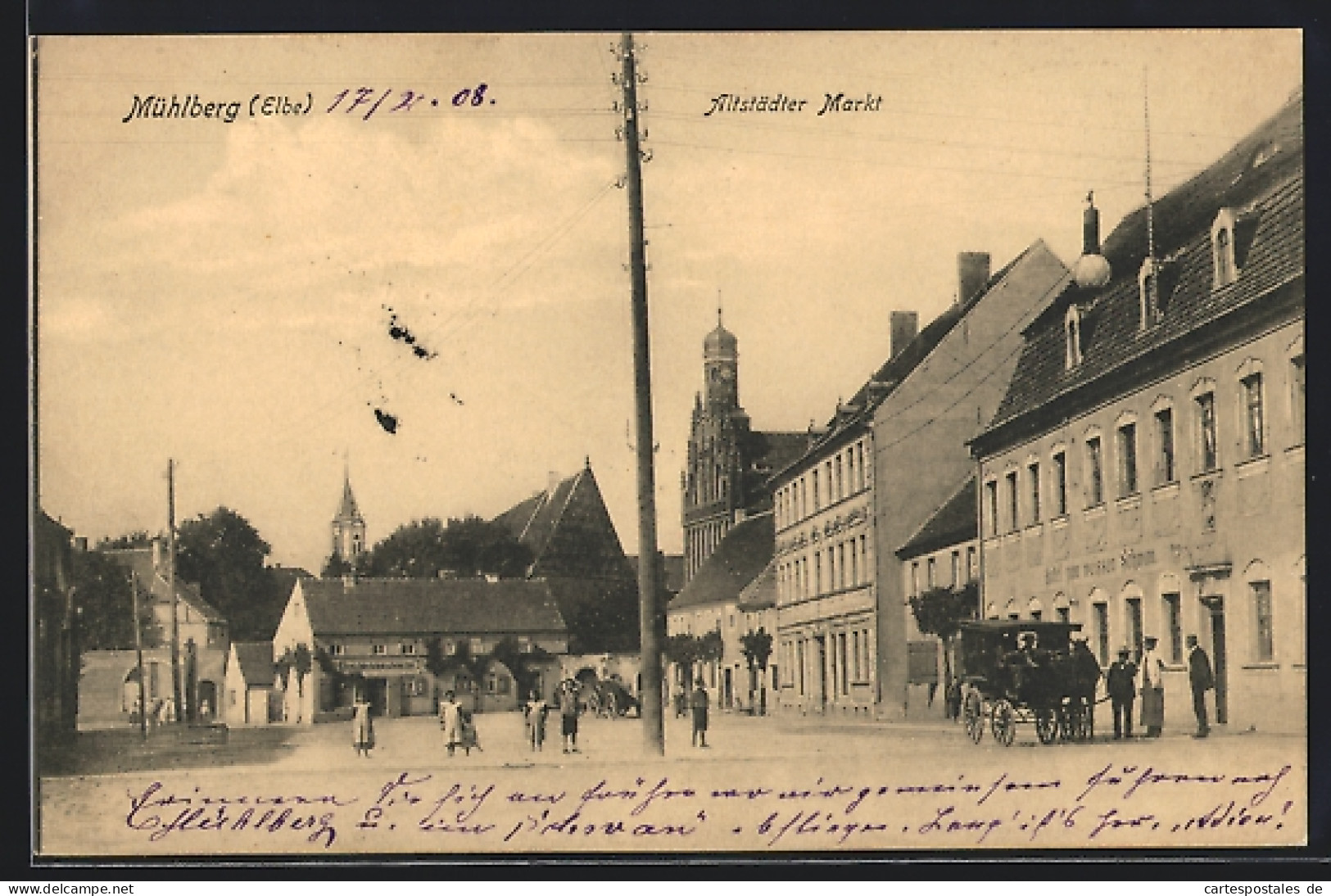 AK Mühlberg /Elbe, Altstädter Markt mit Gasthaus und Kirche