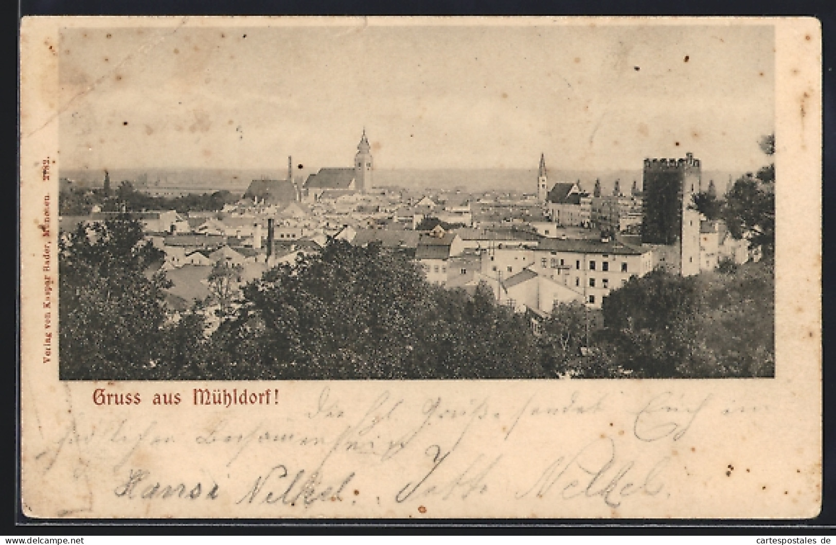 AK Mühldorf, Ortsansicht mit zinnenbewehrtem Turm