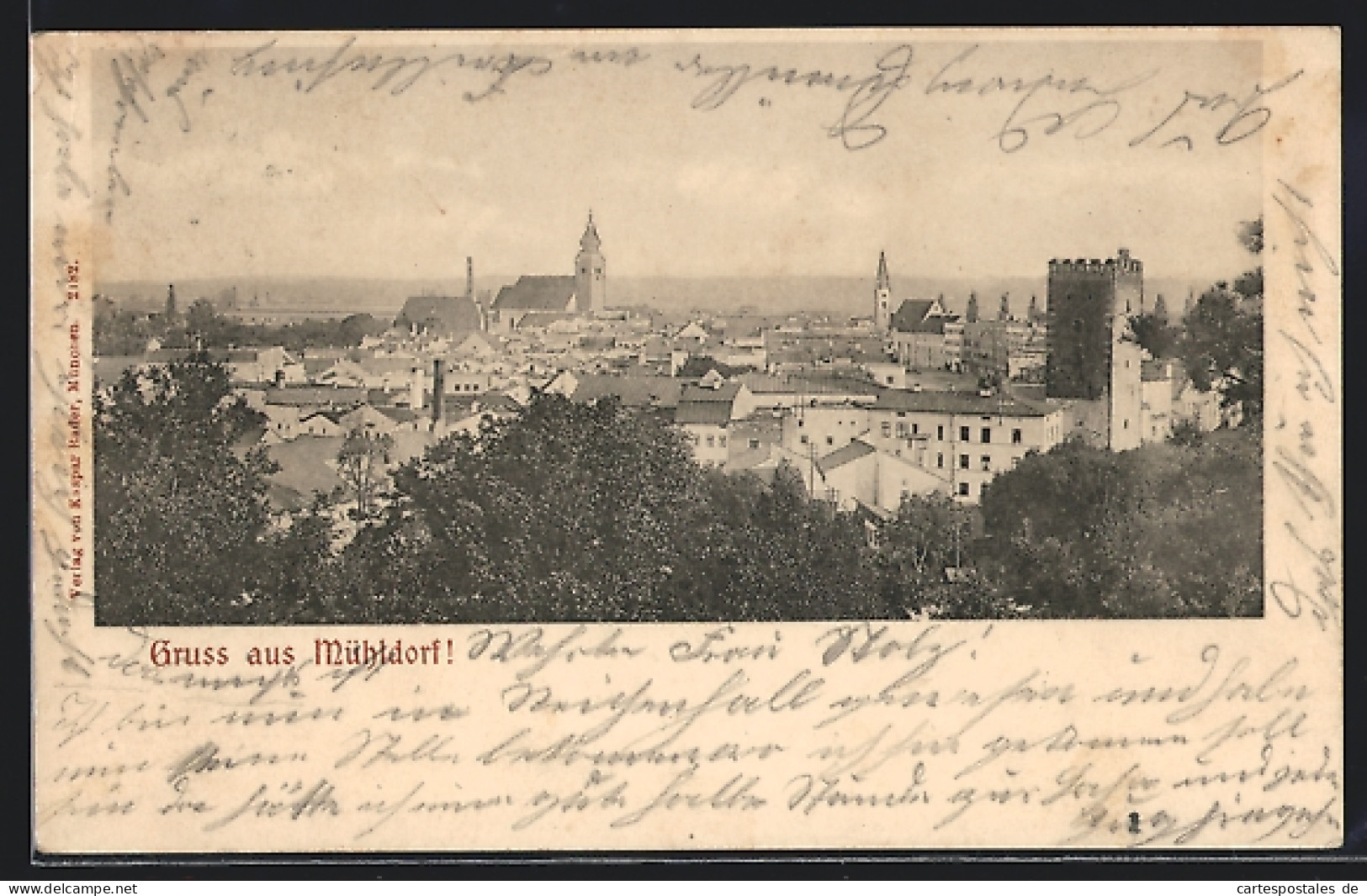 AK Mühldorf, Ortsansicht mit zinnenbewehrtem Turm