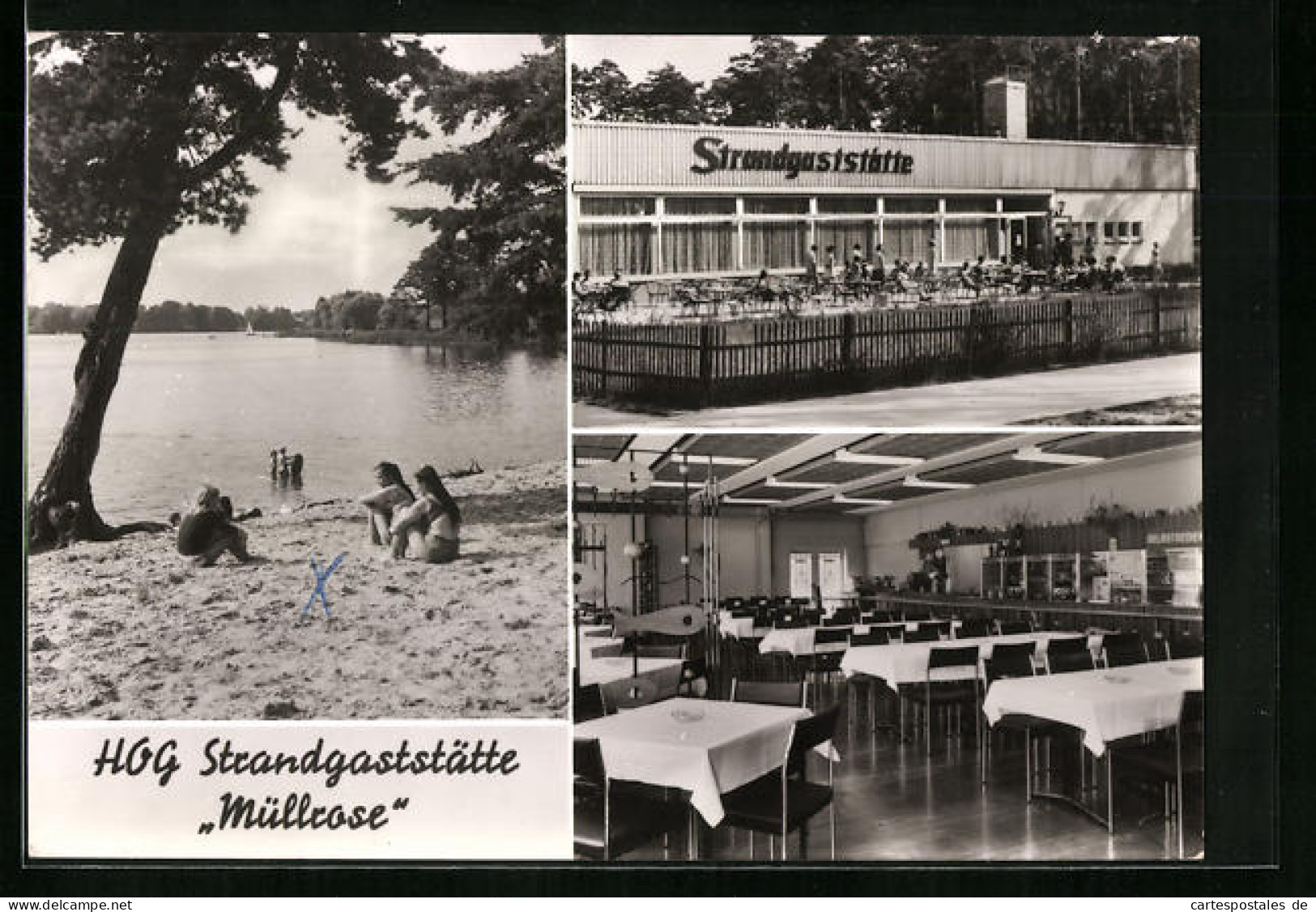 AK Müllrose /Eisenhüttenstadt, HO-Strandgaststätte am Müllroser See mit Innenansicht
