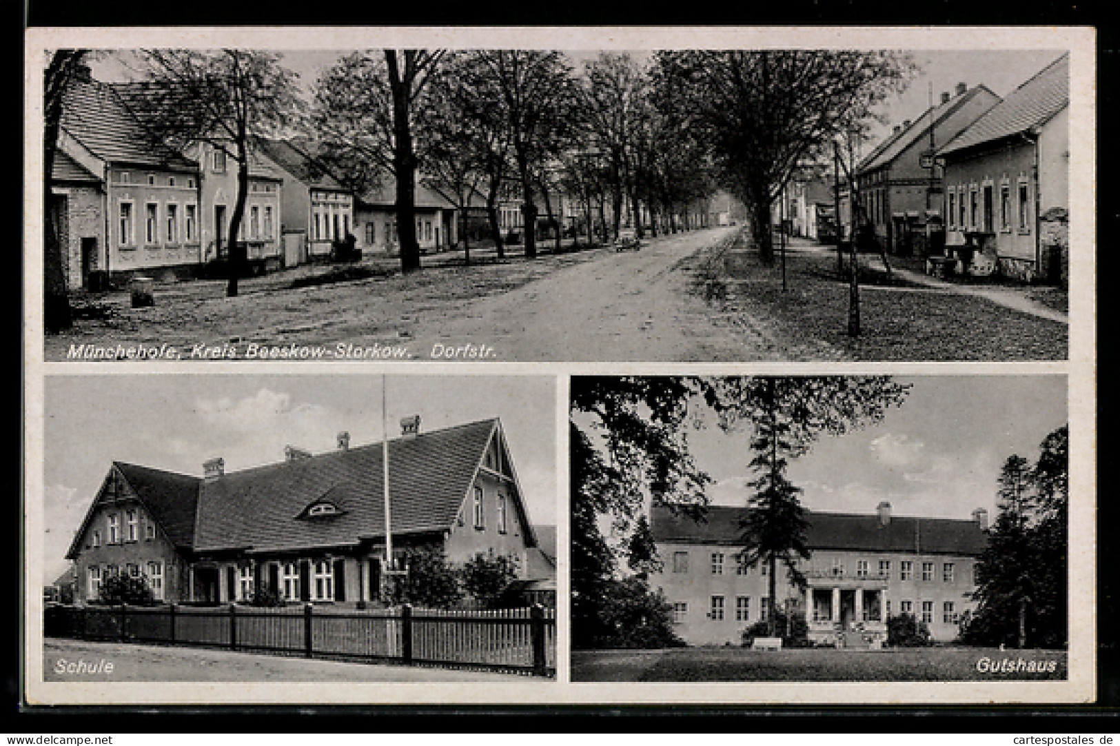 AK Münchehofe /Beeskow, Partie in der Dorfstrasse, Schule und Gutshaus